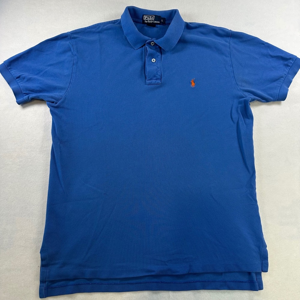 Polo Ralph Lauren Mens Blue Pique Cotton Short Sleeve Polo Shirt Orange Pony L